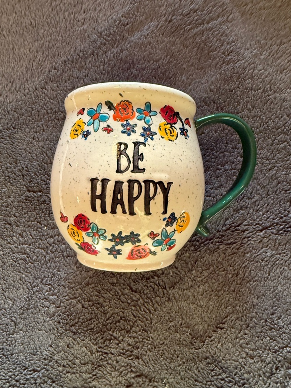 Tag Be Happy Floral Ceramic Coffee Mug - Cream with Green Handle